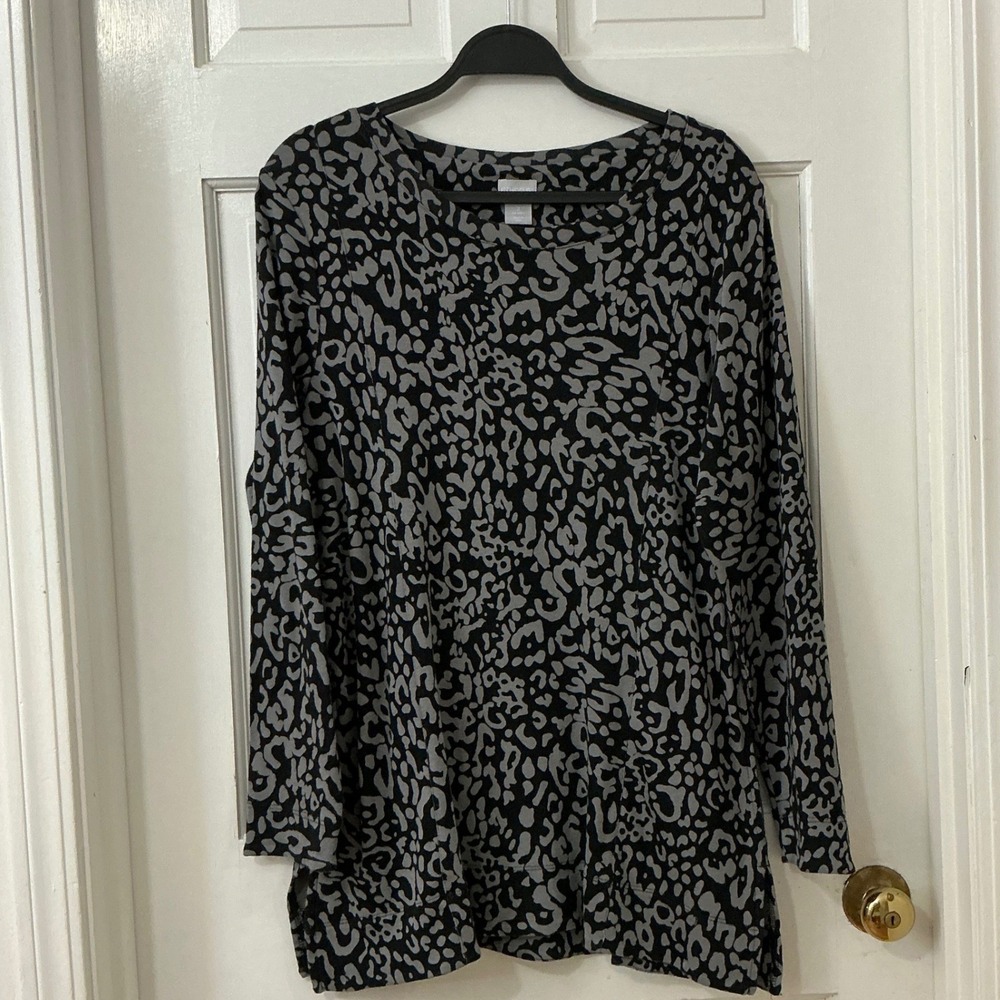 Chicos Pima Cotton Leopard Tunic Top 2 L Gray Black Career Capsule Cheetah